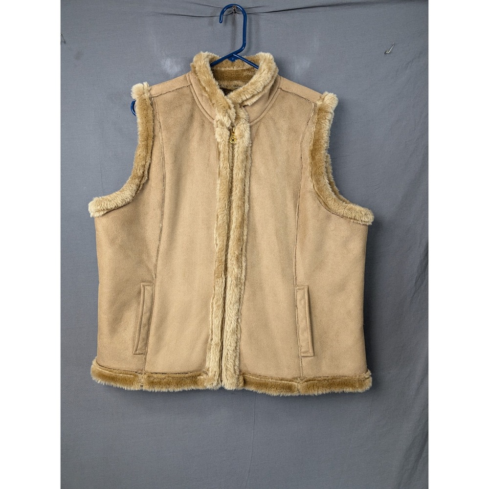 Jaclyn Smith Faux Suede Shearling Trim Vest Tan Size XL